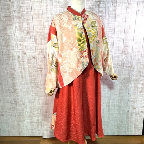 振袖＆反物色無地スタンドカラージャケット＆フレンチ袖テントラインワンピースＭ〜Ｌ