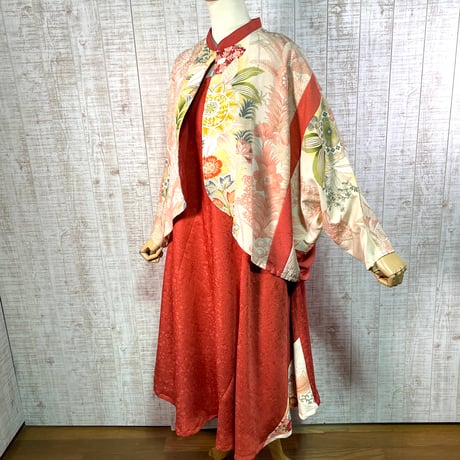 振袖＆反物色無地スタンドカラージャケット＆フレンチ袖テントラインワンピースＭ〜Ｌ