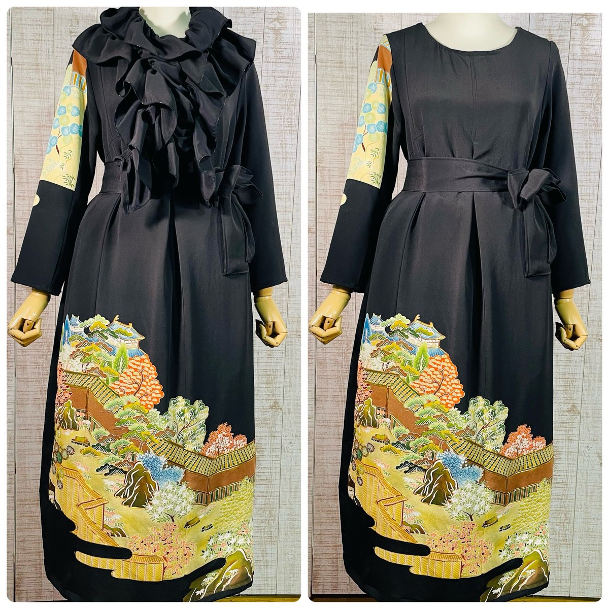 着物リメイク＊城・庭園風景刺繍正絹黒留袖ワンピースM～L＆ギャザー