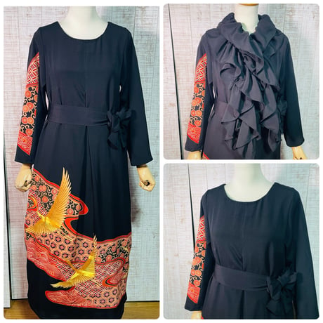 鶴亀甲菊刺繍正絹黒留袖ワンピースＬ～ＬＬ＆ギャザーストール