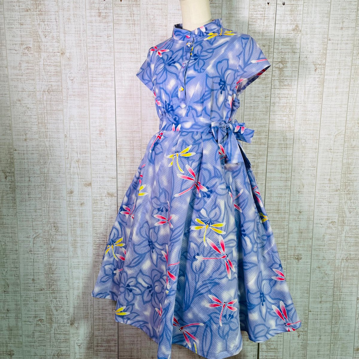 緑系数種類の正絹大島紬で立ち襟テントラインワンピースM〜L