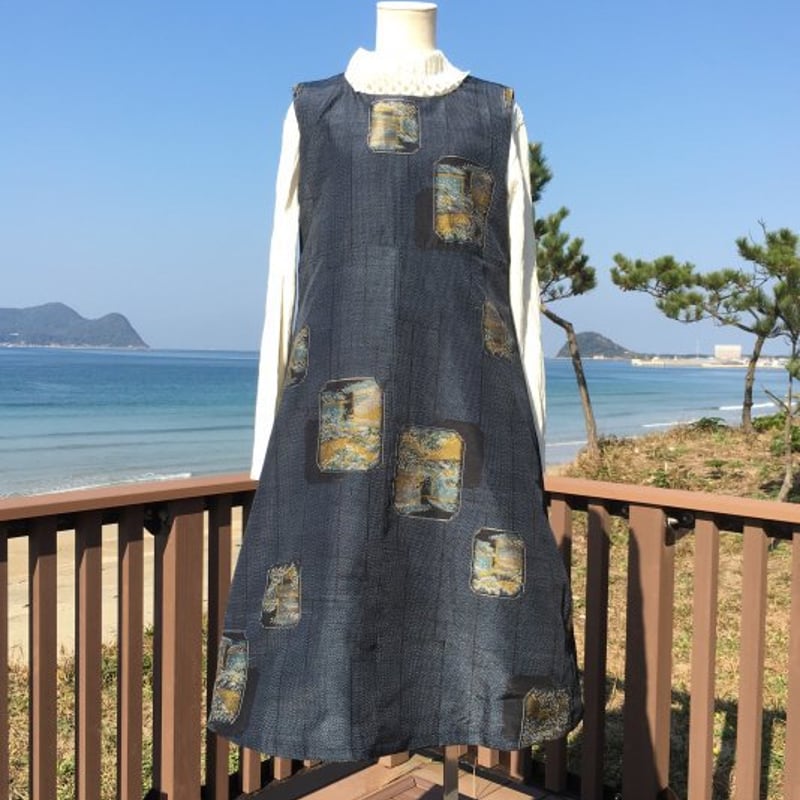 正絹大島紬ノースリーブ裏付きフレアーワンピースM～L | うさくんの 