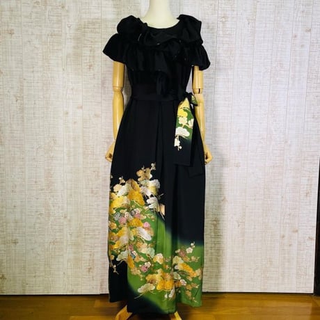 オーダー＊金彩枝梅に松模様箔置き正絹黒留袖裏地付きロングワンピースＭ～Ｌ＆ギャザーストール＆ベルト