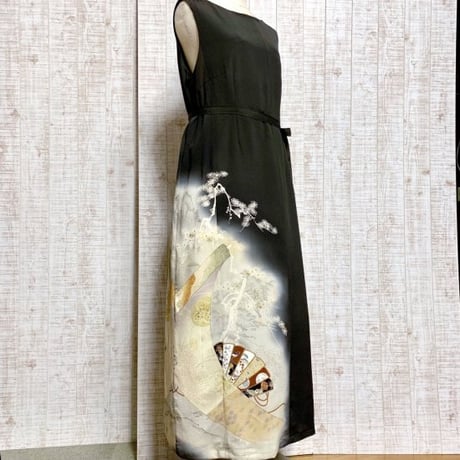 オーダー＊希少アンティーク黒留袖＊巻物＆扇ロングワンピース裏地付きＭ～Ｌ
