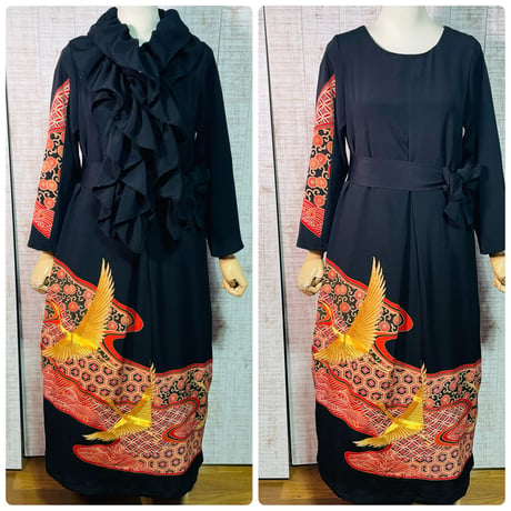 鶴亀甲菊刺繍正絹黒留袖ワンピースＬ～ＬＬ＆ギャザーストール