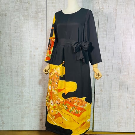 道長取りに短冊刺繍正絹黒留袖ワンピースＭ～Ｌ＆ギャザーストール
