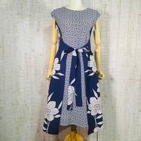 新作＊２種類の大きな花柄＆幾何学模様浴衣でフレンチ袖リボン＆ギャザーワンピースＭ～L