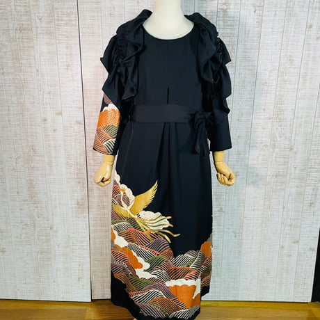 作家物＊鳳凰＆波模様刺繍正絹黒留袖ワンピースＬ～ＬＬ＆ギャザーストール