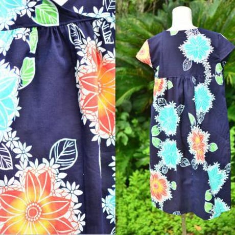 浴衣リメイク＊花柄浴衣でカシュクールフレンチ袖ワンピースＭ～Ｌ