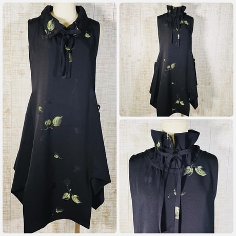 植物柄刺繍羽織＆黒留袖2way衿ひらひら裾変形ベストA＊フリーサイズ