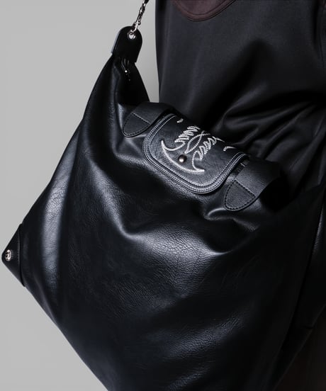 vegan leather shoulder tote bag(black)