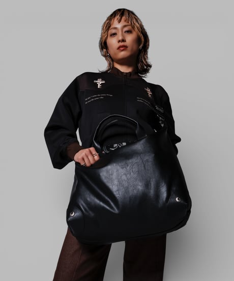 vegan leather shoulder tote bag(black)