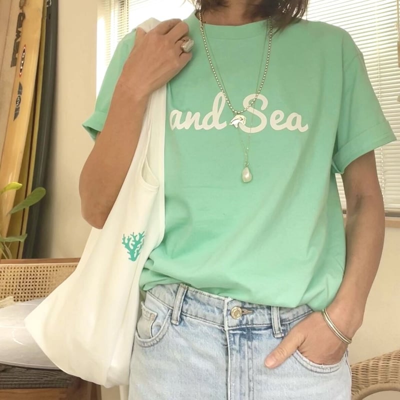 and Seaロゴ半袖 Tシャツ サックス アイスグリーン   and Sea