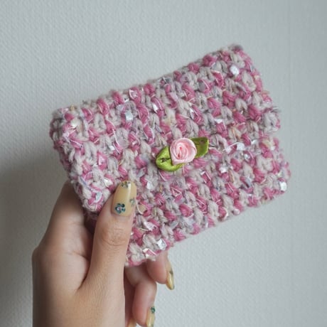 ツイード編みのポーチの編みものキット ピンク / Crocheted Tweed Pouch Crochet Kit PINK