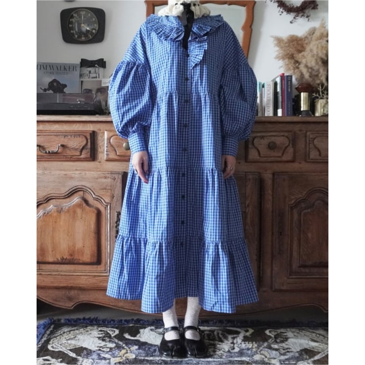 専用　110 ショコラワンピース　ブルー ショールカラーワンピース BLUE | Cinéame Store