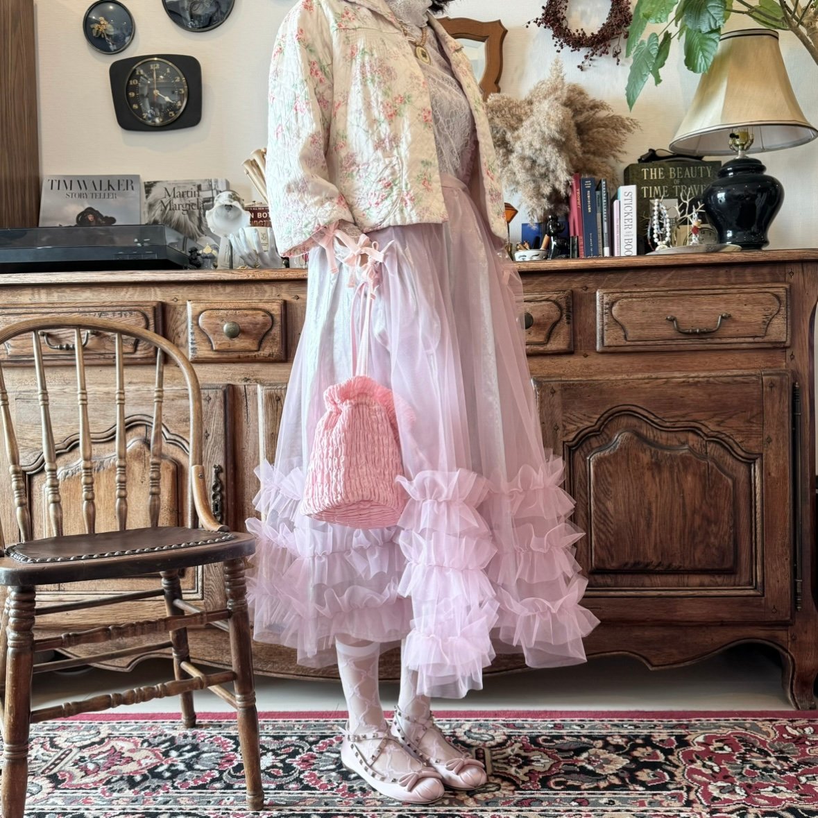 チュールシャーリングジャンパースカート PINK×SILVER チュールシャーリングジャンパースカート PINK×SILVER