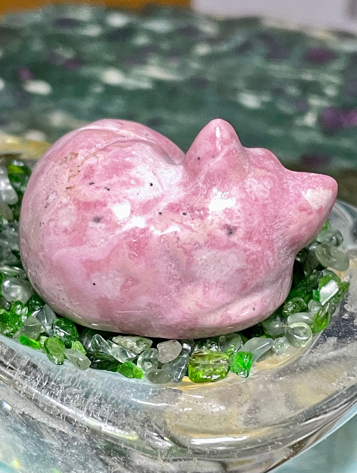 ロードナイト【薔薇輝石】眠り猫◇置物◇天然石◇パワーストーン