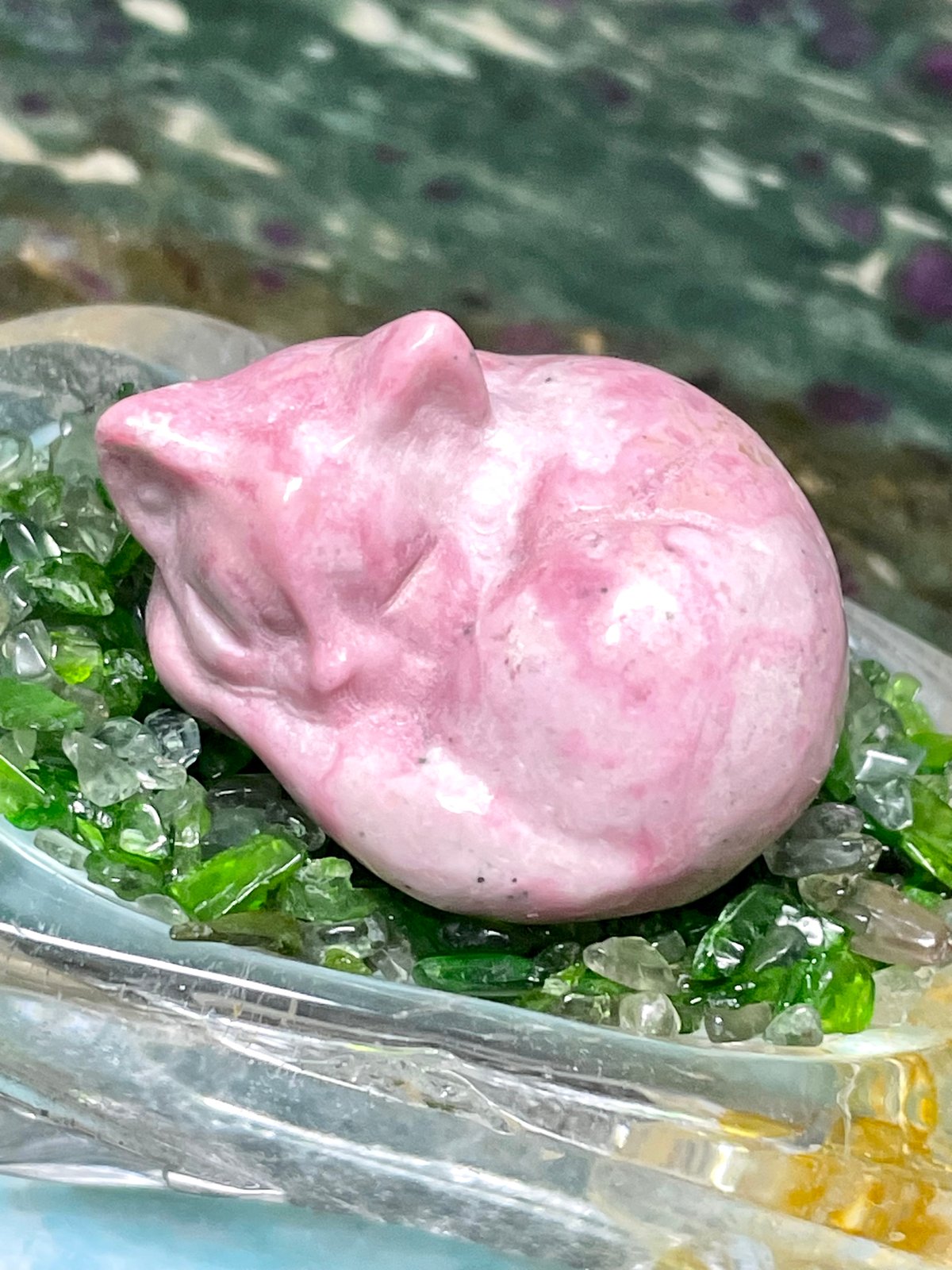 ロードナイト【薔薇輝石】眠り猫◇置物◇天然石◇パワーストーン