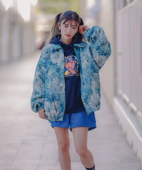 ヴィンテージ風ゴブラン織りビッグシルエットブルゾン（BLUE）