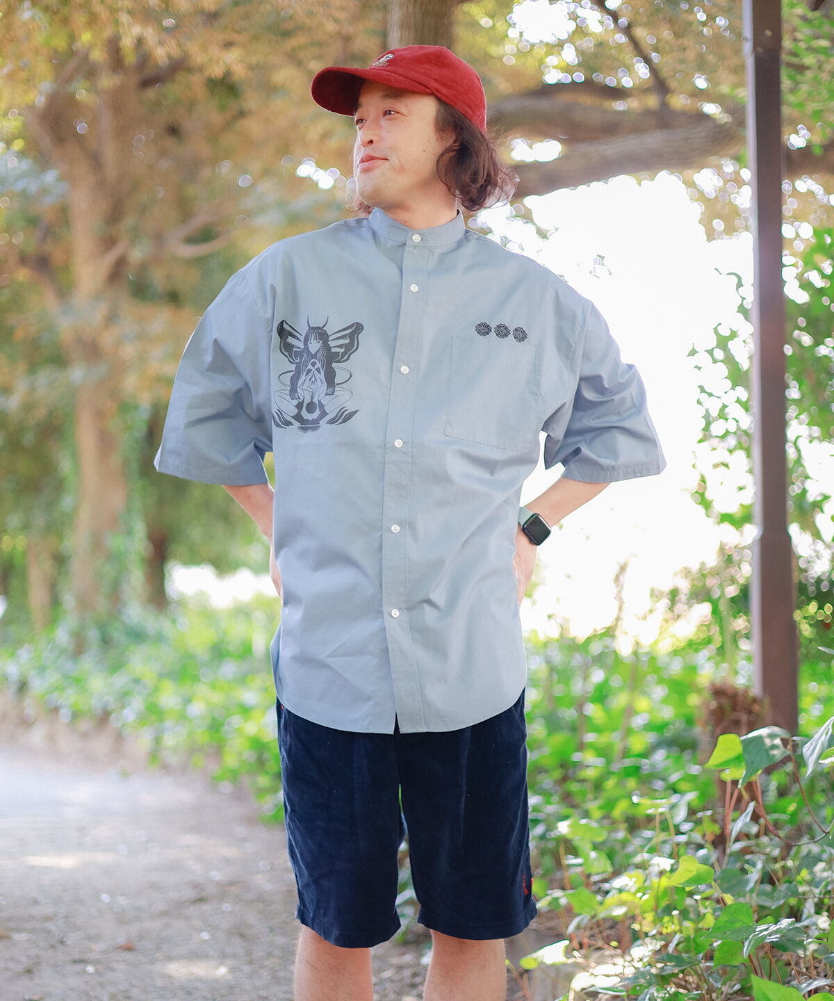 Hatsunex × MERI MAENO オーバーサイズ刺繍シャツ（アシッドブルー