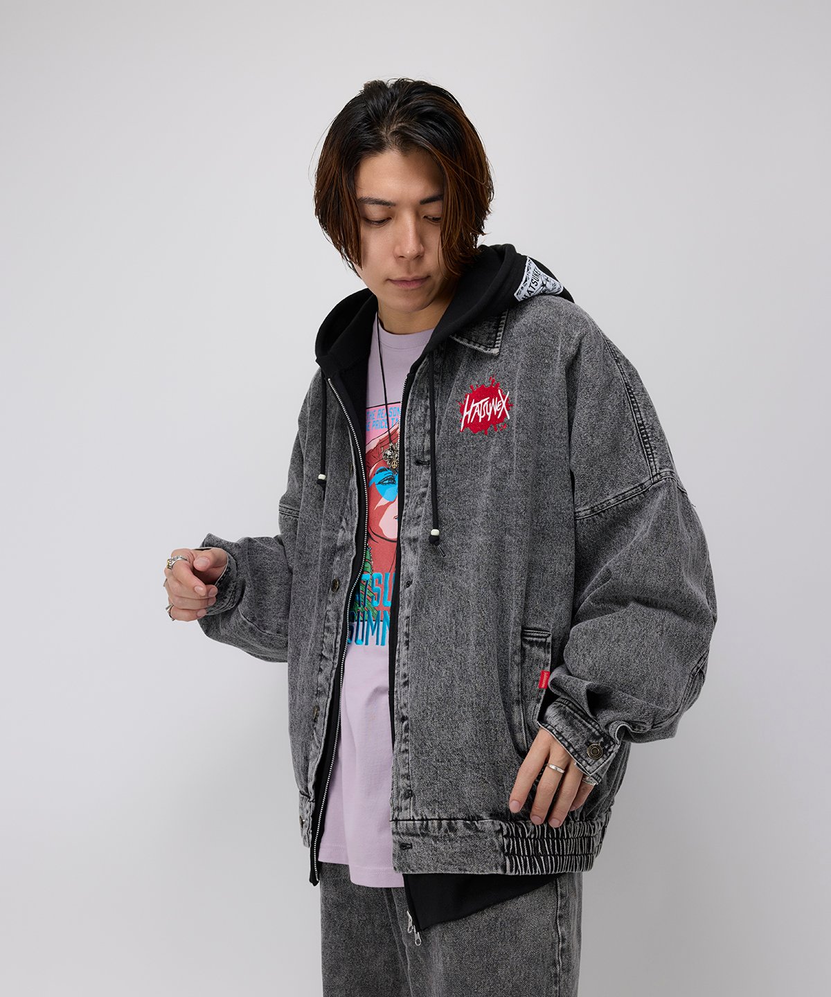 Hatsunex ビッグシルエットデニムジャケット(ケミカルブラック Hatsunex ビッグシルエットデニムジャケット(ケミカルブラック