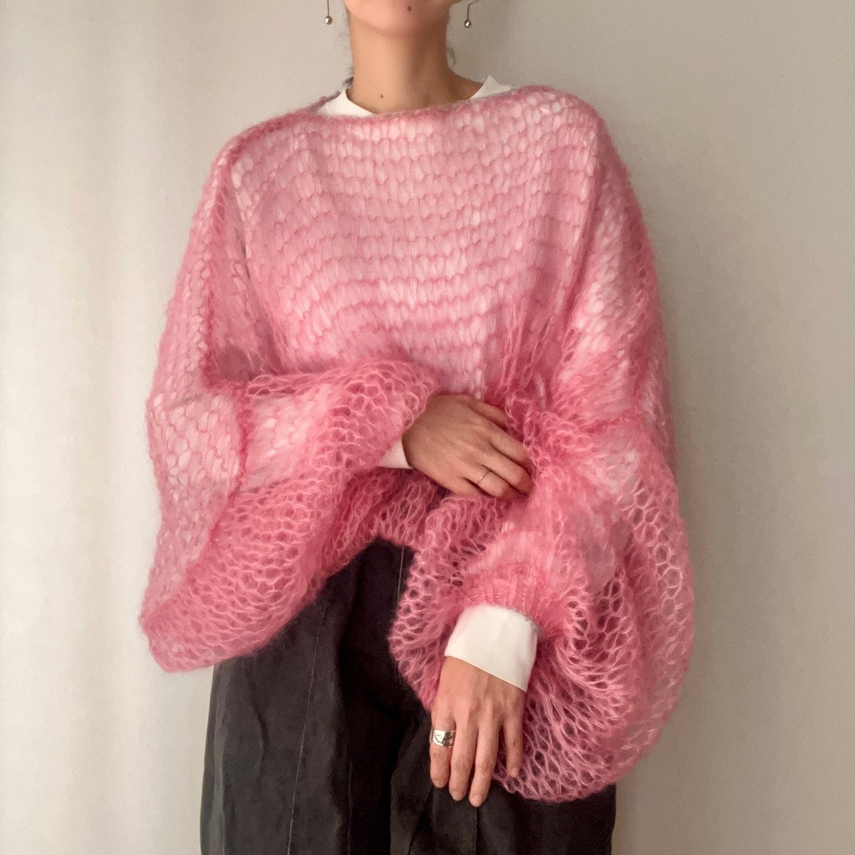 ハンドメイドニットキャミソールボリュームフリルピンク
