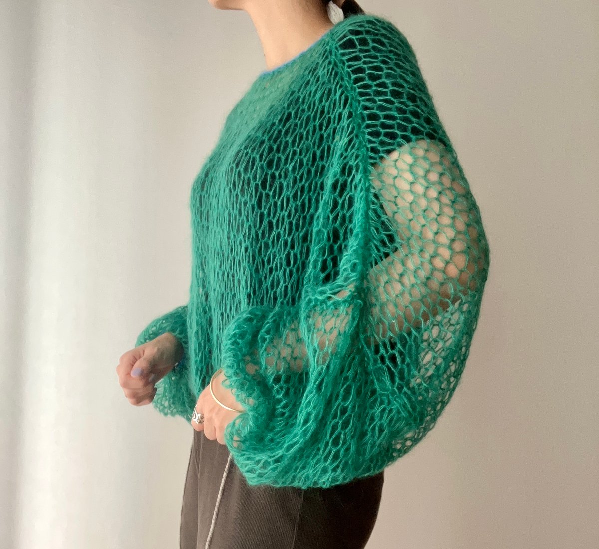 ハンドメイド モヘアニット 美品 ヴィンテージ 古着 良色 グリーン ハンドメイド モヘアニット 美品 ヴィンテージ 古着 良色 グリーン