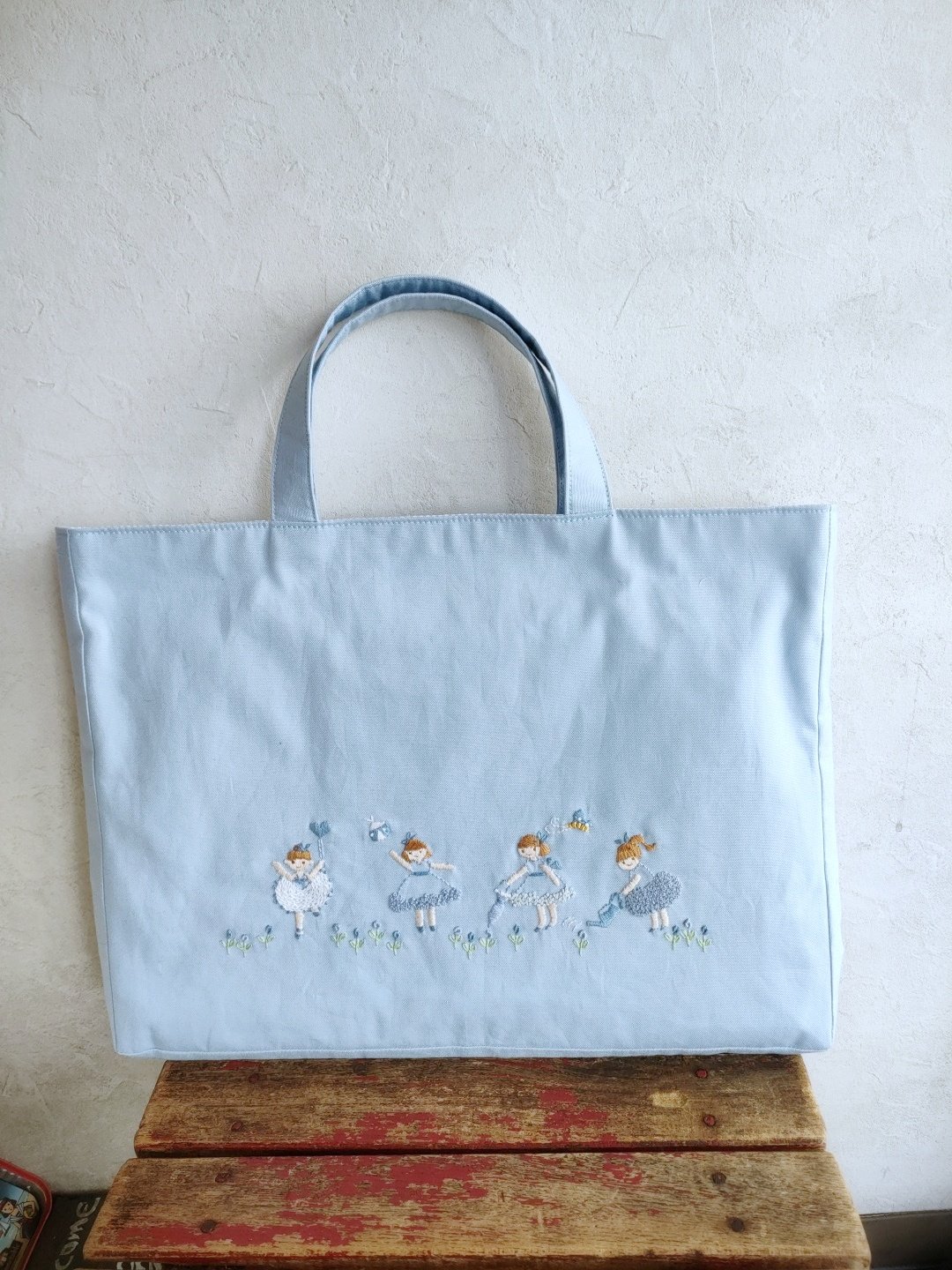 完成品】刺繍レッスンバッグ女の子入園入学水色ブルー名前青