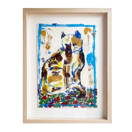 モノタイプ版画作品「The blue-eared cat」