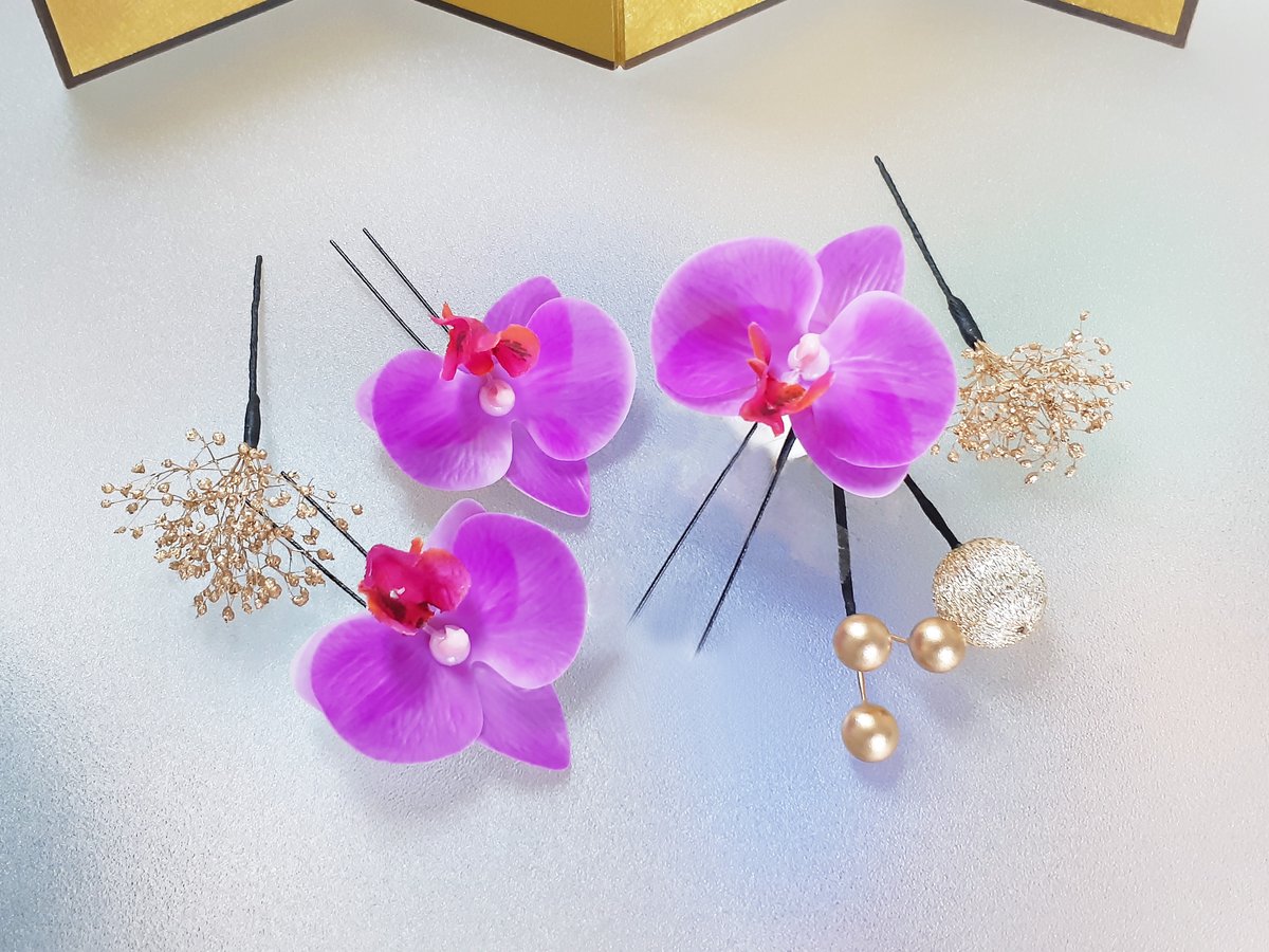 胡蝶蘭 紫 入学式 卒業式 髪飾り 成人式 ウェディング かすみ草 和装