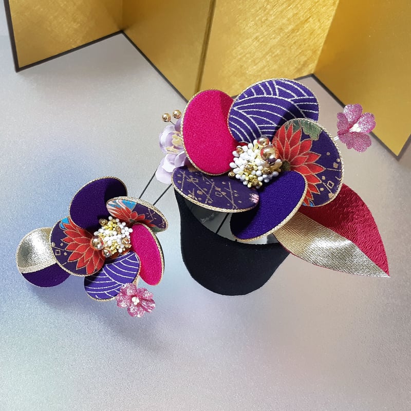 髪飾り 振袖 成人式 前撮り 卒業式 和 紫系 豪華 袴 ちりめん円花 水引  