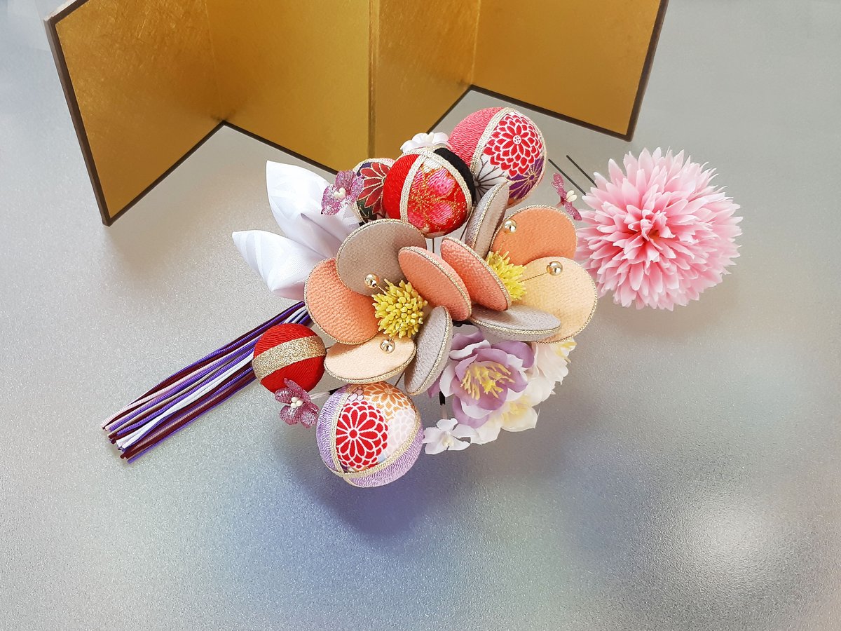 髪飾り 着物 成人式 卒業式 和 ピンク 振袖 ベルベット花 ちりめん玉 水引 fit=scale-down,w=1200