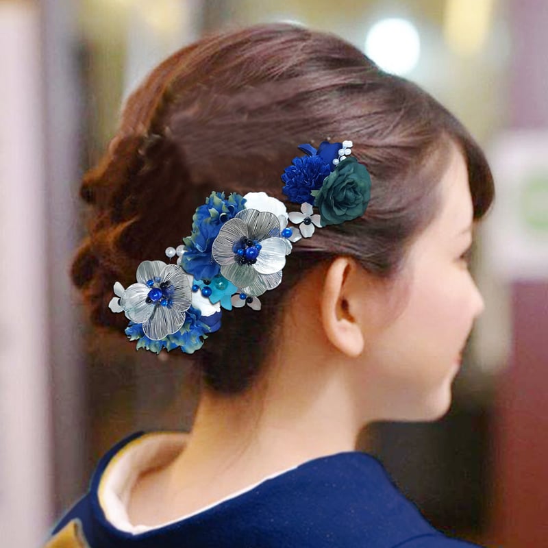 No.349 豪華！青白　♡ フラワーピン 振袖髪飾り 成人式髪飾り 水引の花の髪飾り 成人式 髪飾り 青 ブルー ホワイト ゴールド 髪飾り