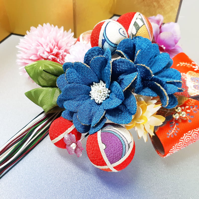 成人式 振袖 髪飾り 二十歳の集い 卒業式 和 青系 レトロ柄 ちりめん花