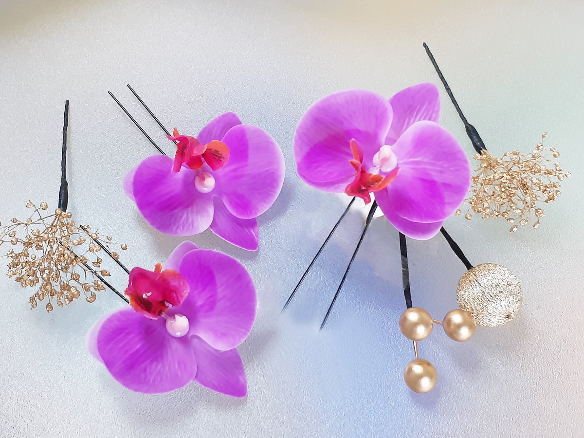 胡蝶蘭 紫 入学式 卒業式 髪飾り 成人式 ウェディング かすみ草 和装