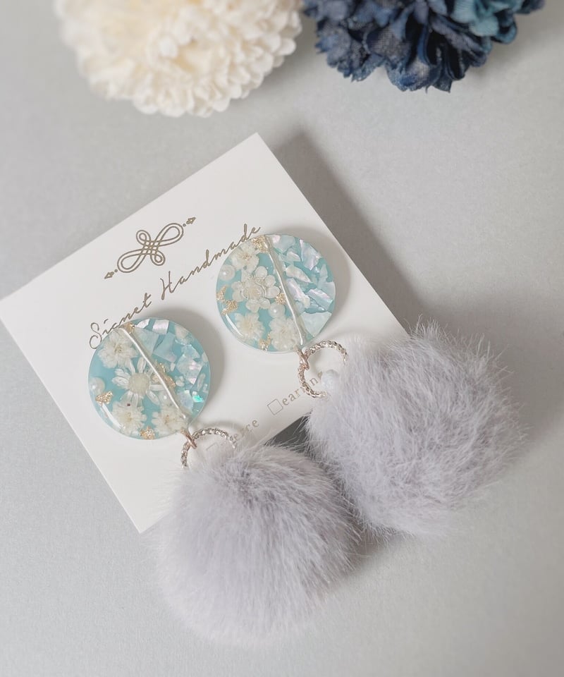 ドライフラワー×シェルの2Wayファーピアス | Signet Handmade