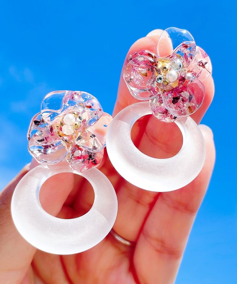 719 再販 2way フラワー グリーン ハンドメイド ピアス イヤリング 