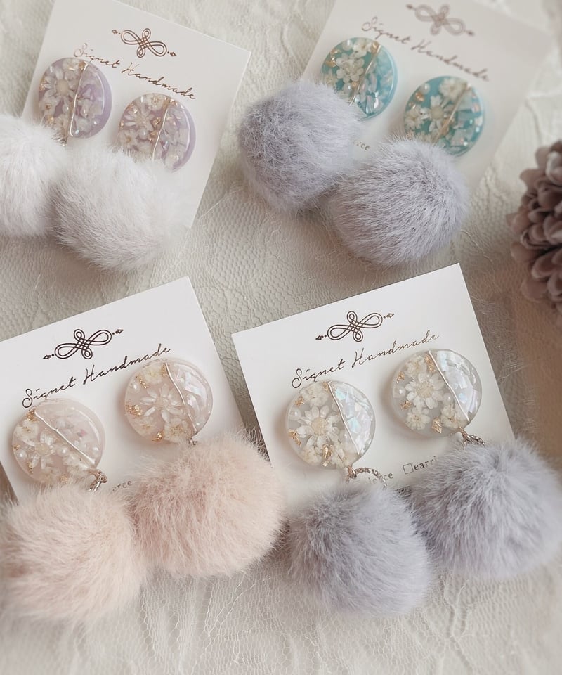 ドライフラワー×シェルの2Wayファーピアス | Signet Handmade