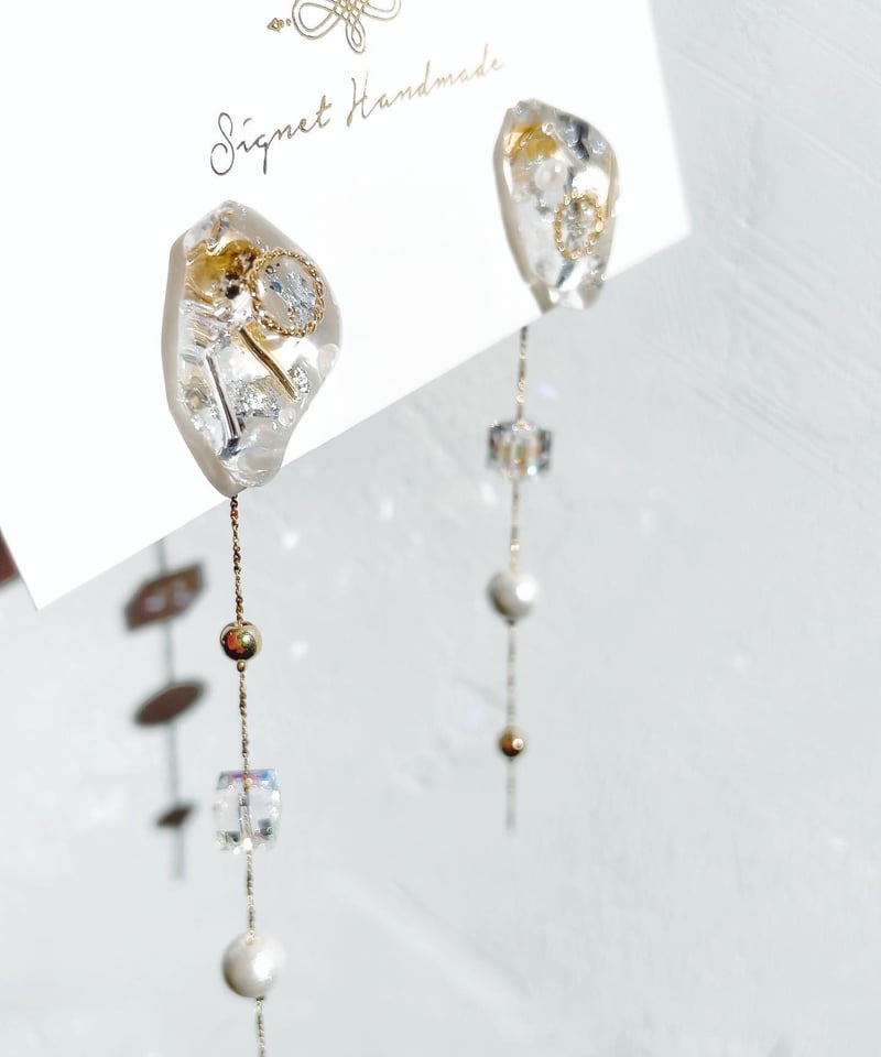 2Way】クリア×メタル ロングチェーン ピアス | Signet Handmade