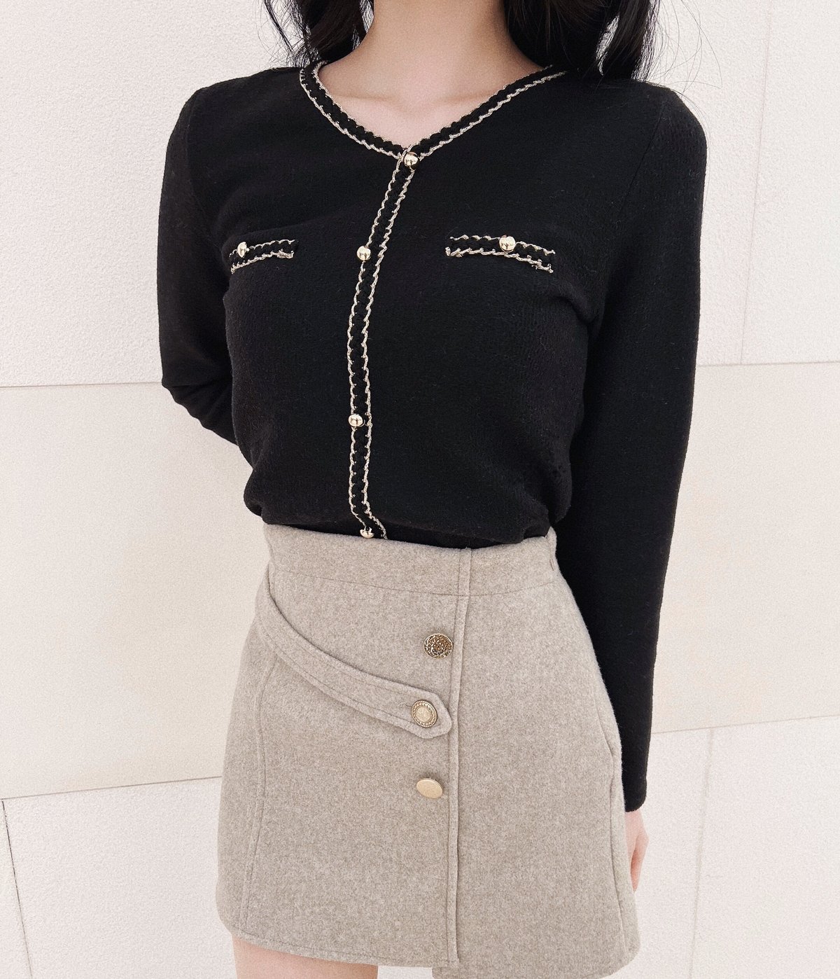 受注生産】アンバランスストラップ ウールスカート 韓国ファッション  