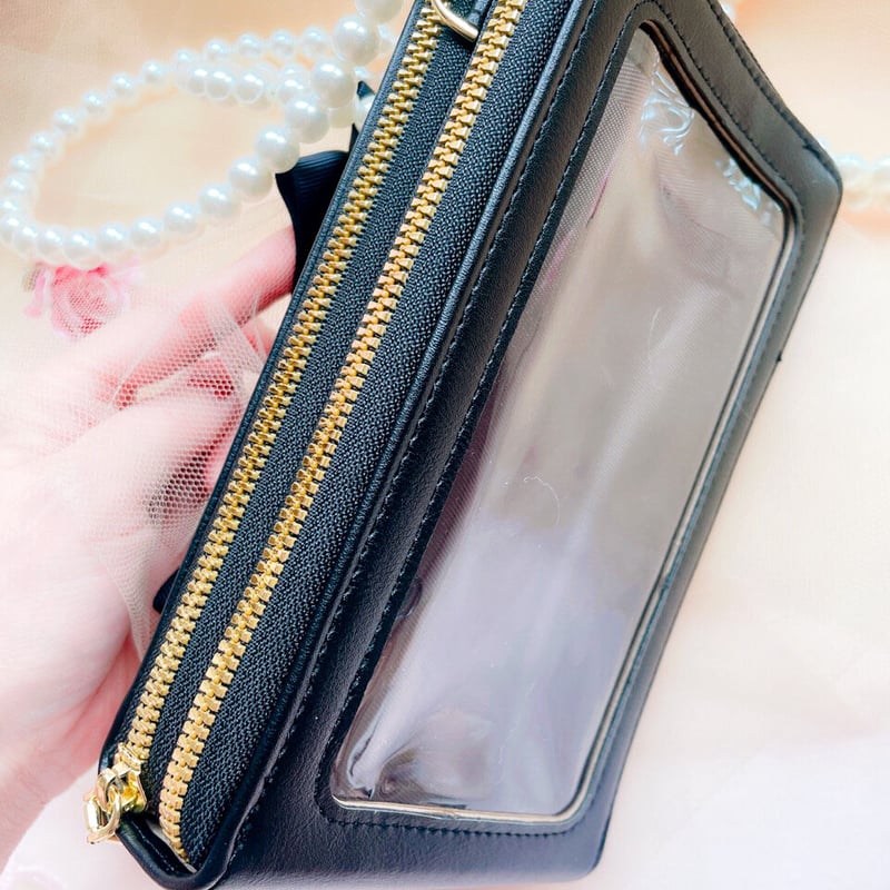 新作♡パールショルダー付き 大容量リボンスマホポーチ black