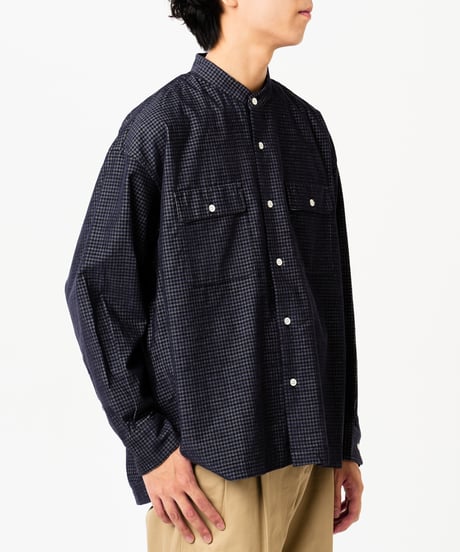 #-43 2way detachable collar corduroy check shirt（Navy）