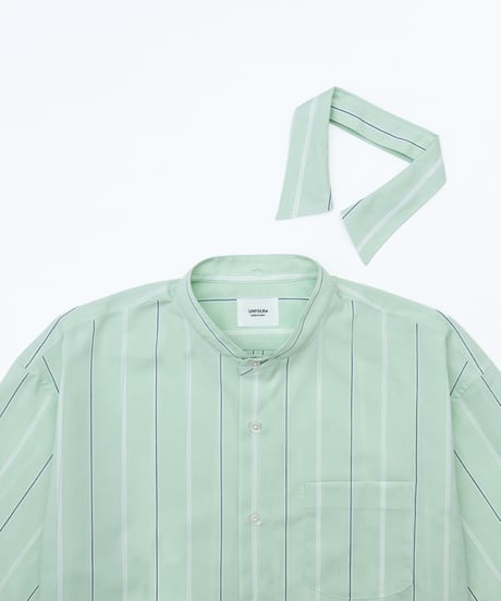 #-61 2way detachable collar short sleeve stripe shirt (Green)