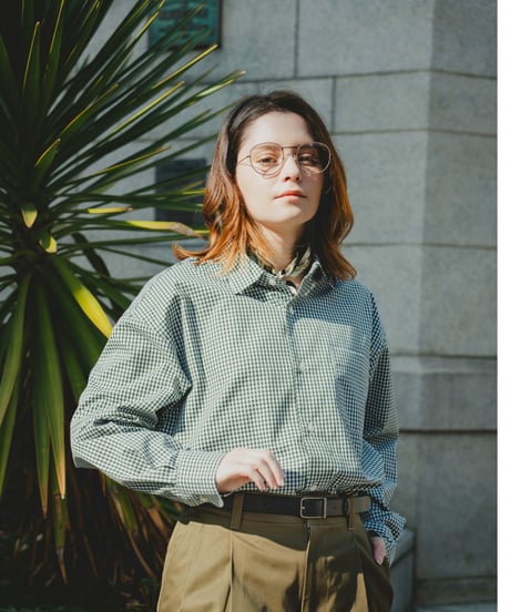 #-34 2way detachable collar gingham check shirt (Green)