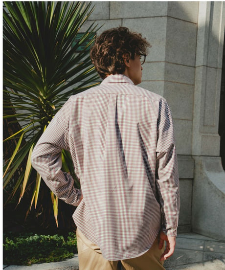 #-34 2way detachable collar gingham check shirt (Brown)