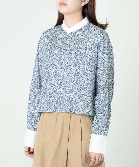 #-79 2way detachable collar liberty print shirt (Navy)