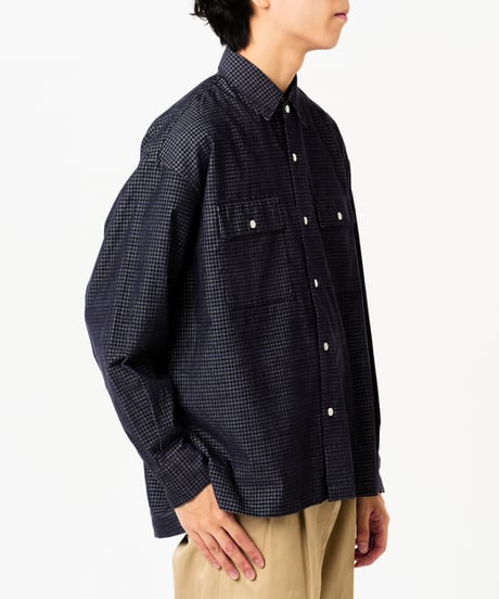 #-43 2way detachable collar corduroy check shirt（Navy）