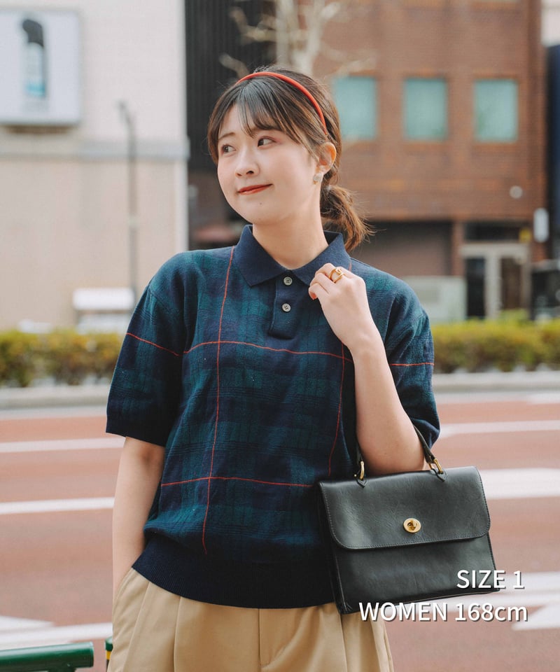 82 14G tartan check cotton knit polo (Green)