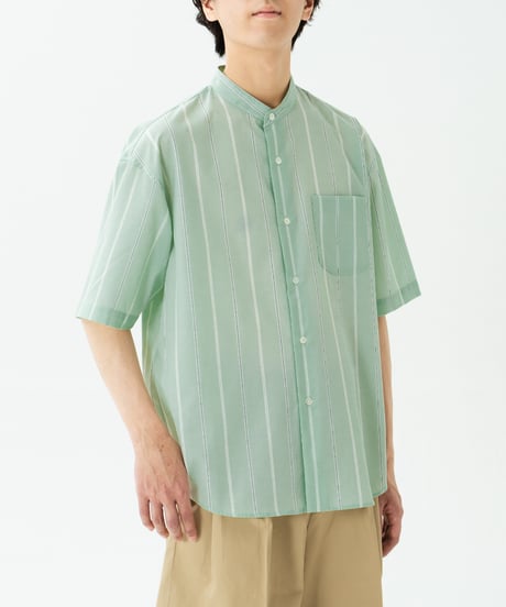#-61 2way detachable collar short sleeve stripe shirt (Green)