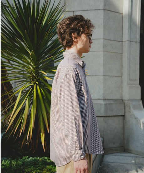 #-34 2way detachable collar gingham check shirt (Brown)